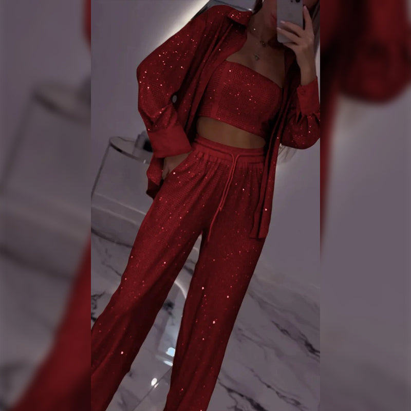 Set de lentejuelas de tres partes para mujeres: blazer y pantalones con una pierna ancha