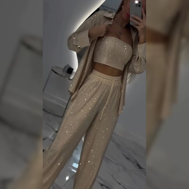 Set de lentejuelas de tres partes para mujeres: blazer y pantalones con una pierna ancha