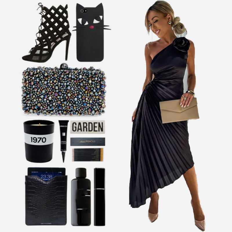 64% de descuento 💥Vestido plisado asimétrico con escote inclinado