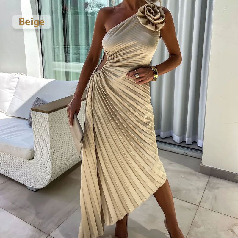 64% de descuento 💥Vestido plisado asimétrico con escote inclinado