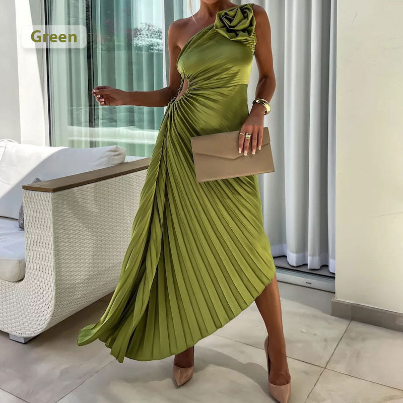 64% de descuento 💥Vestido plisado asimétrico con escote inclinado