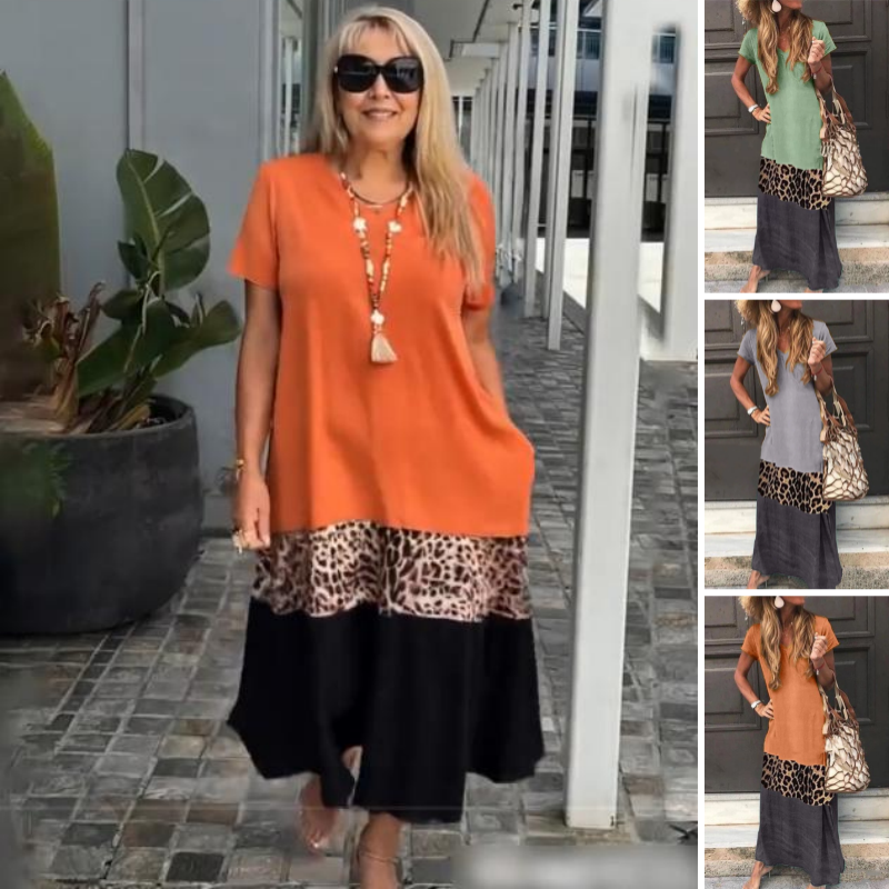 😍Vestido largo de manga corta para mujer con diseño de bloques de color.