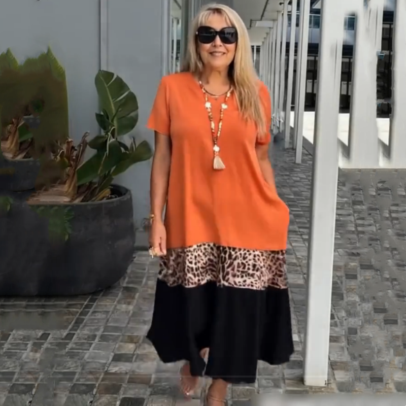 😍Vestido largo de manga corta para mujer con diseño de bloques de color.