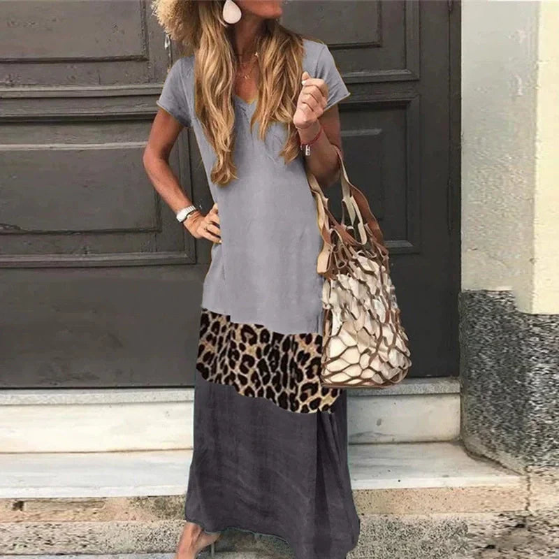 😍Vestido largo de manga corta para mujer con diseño de bloques de color.