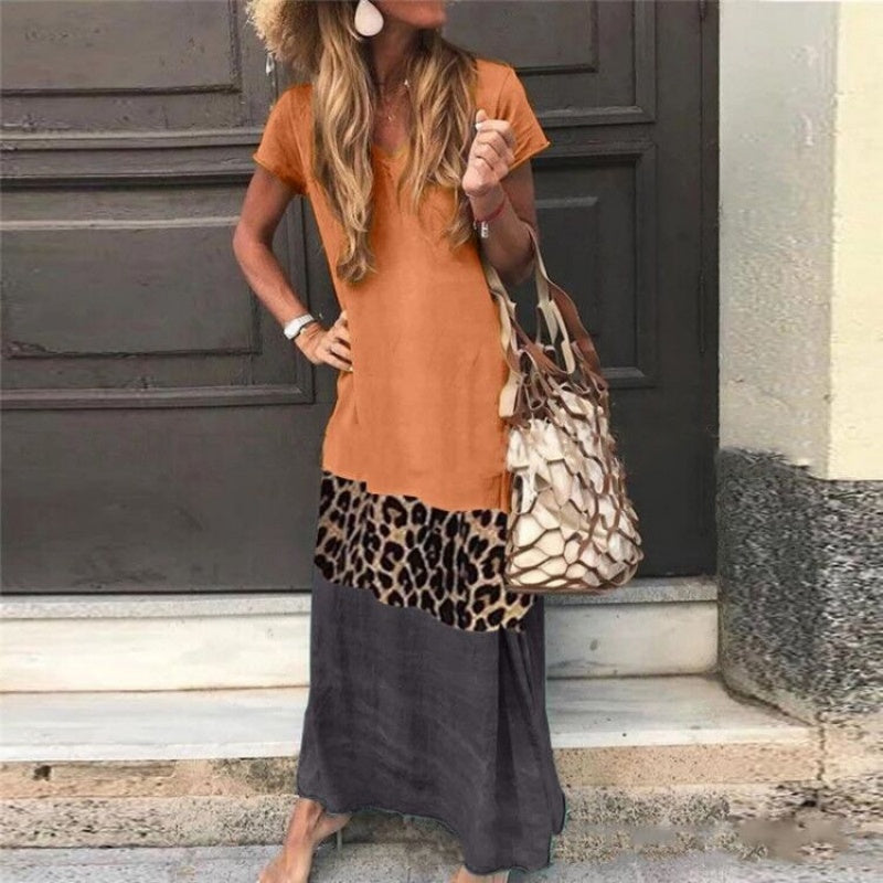 😍Vestido largo de manga corta para mujer con diseño de bloques de color.