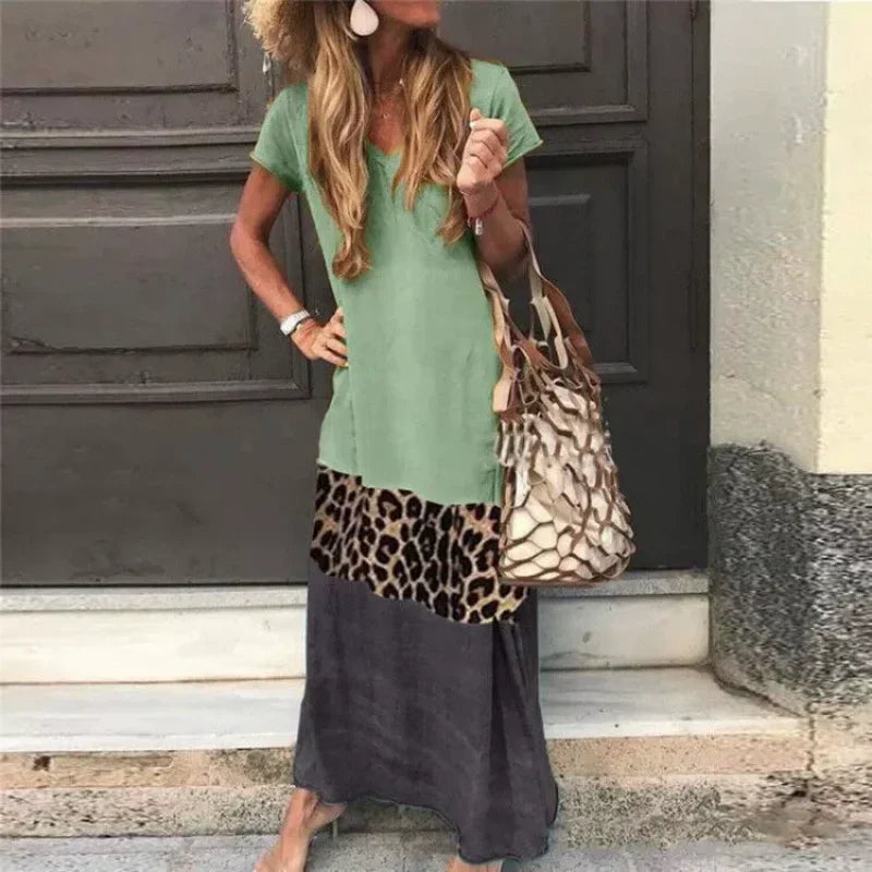 😍Vestido largo de manga corta para mujer con diseño de bloques de color.