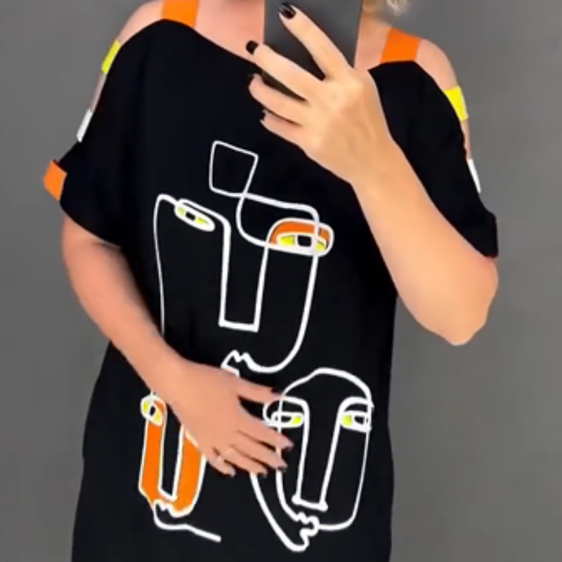 Damen stilvolles Kleid mit Druck und kurzen Ärmeln