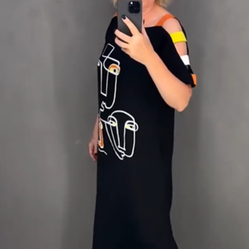 Damen stilvolles Kleid mit Druck und kurzen Ärmeln