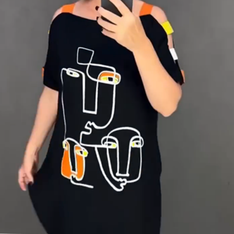 Damen stilvolles Kleid mit Druck und kurzen Ärmeln