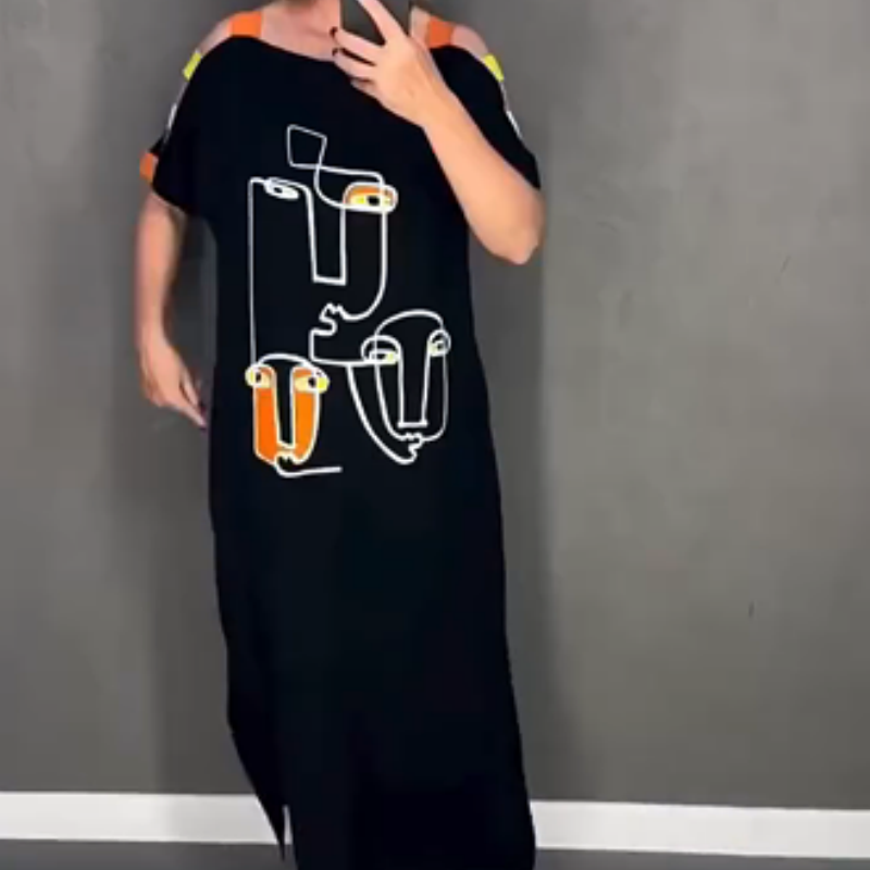 Damen stilvolles Kleid mit Druck und kurzen Ärmeln