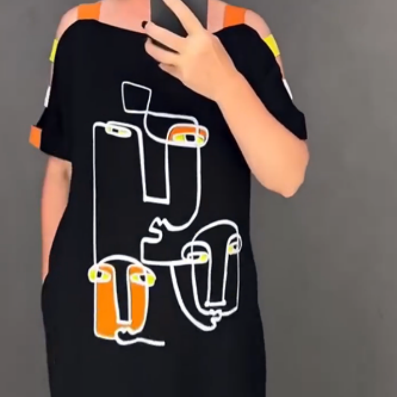 Damen stilvolles Kleid mit Druck und kurzen Ärmeln