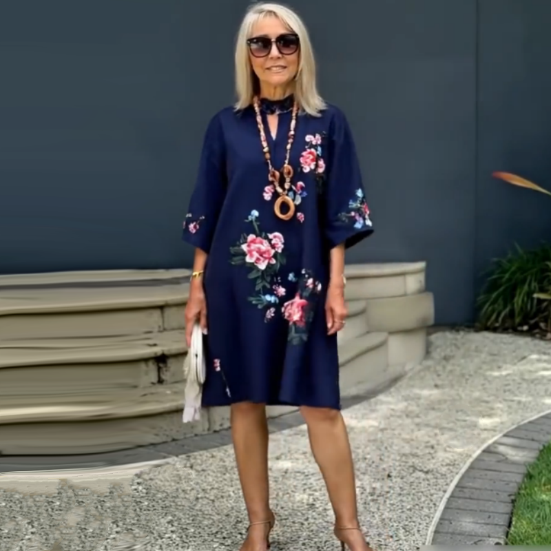 Vestido suelto con cuello en V y presión floral para mujeres
