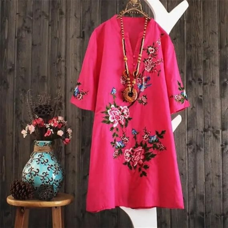 Vestido suelto con cuello en V y presión floral para mujeres