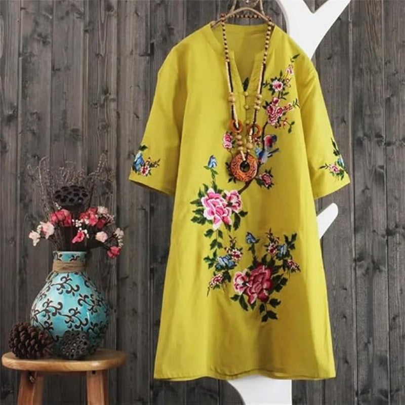 Vestido suelto con cuello en V y presión floral para mujeres