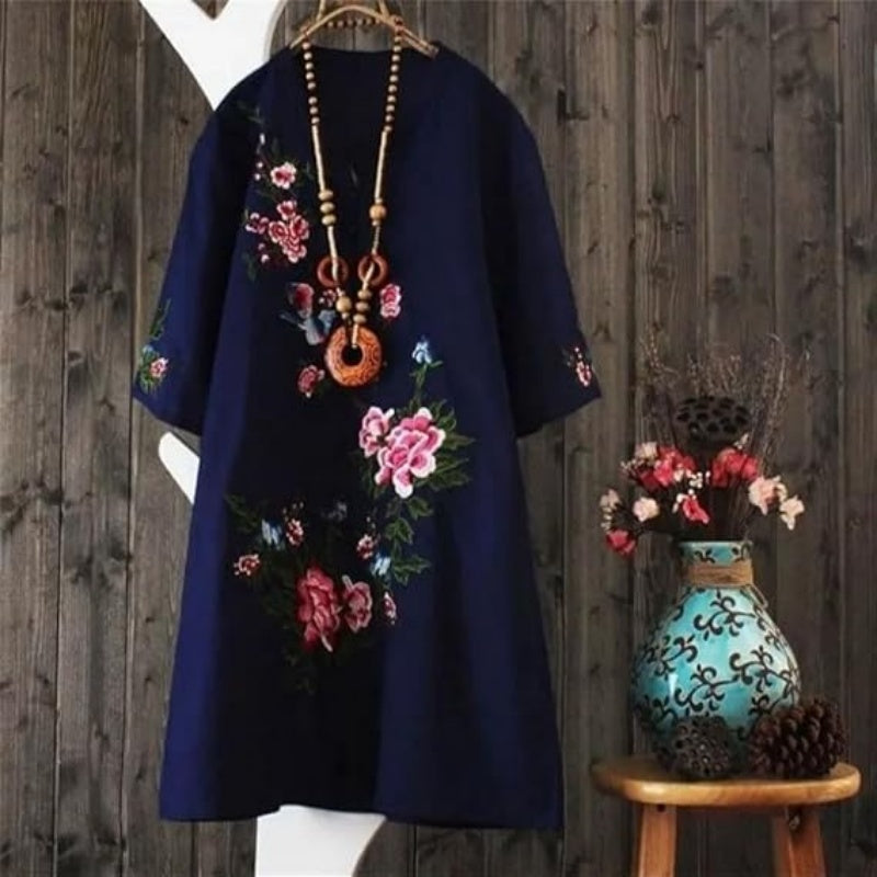 Vestido suelto con cuello en V y presión floral para mujeres