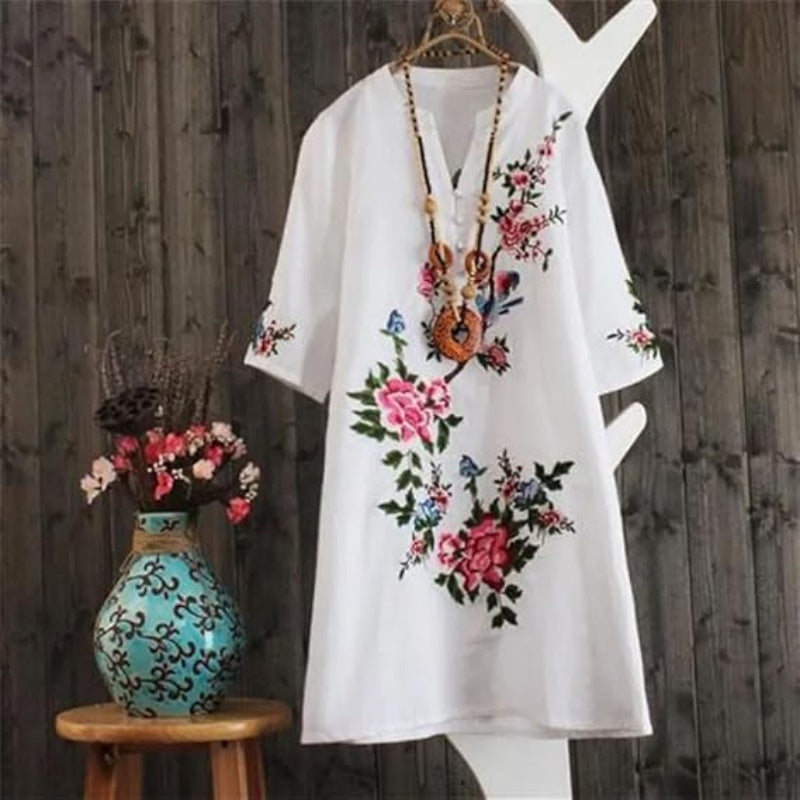 Vestido suelto con cuello en V y presión floral para mujeres