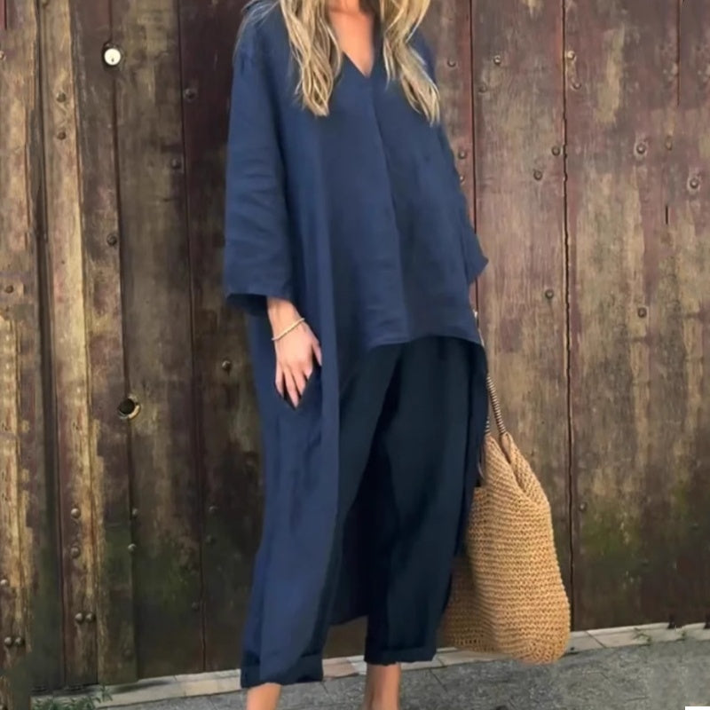 Summer, frases sueltas Set 2 partes: Top con bolso y cuello en V y pantalones a juego