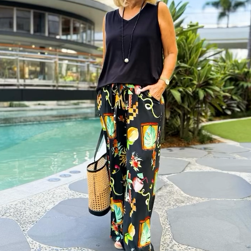 Pantalones top y de piernas abiertas de mangas de 2 piezas