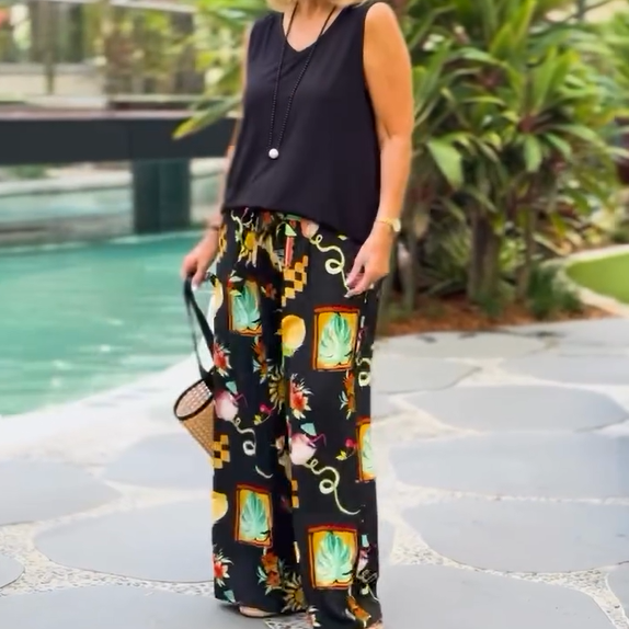 Pantalones top y de piernas abiertas de mangas de 2 piezas