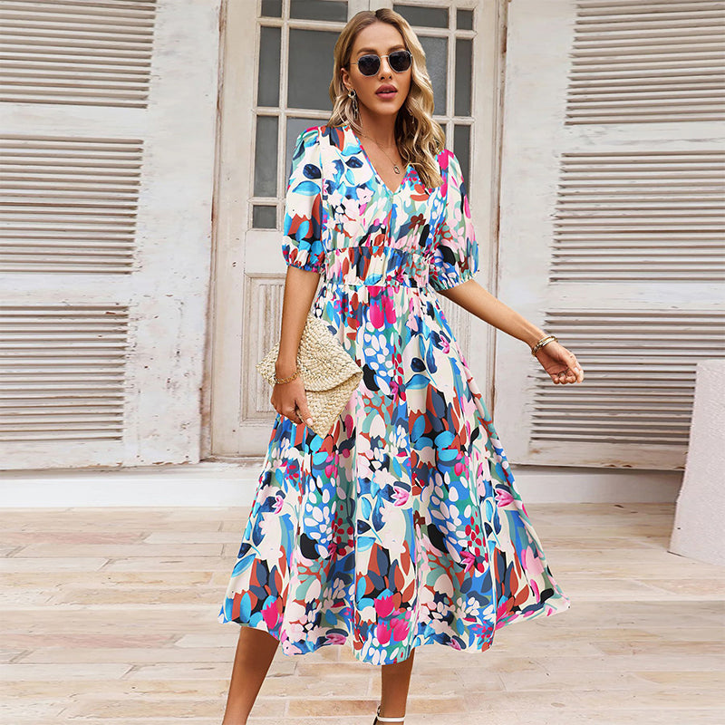 Vestido de ocio impreso con cuello en V damas