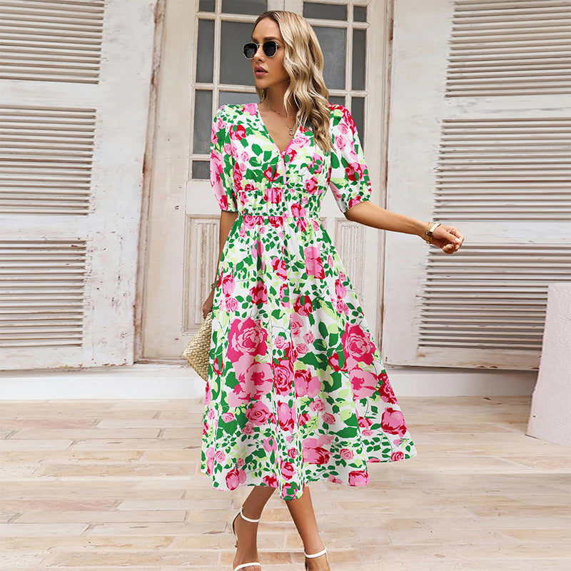 Vestido de ocio impreso con cuello en V damas