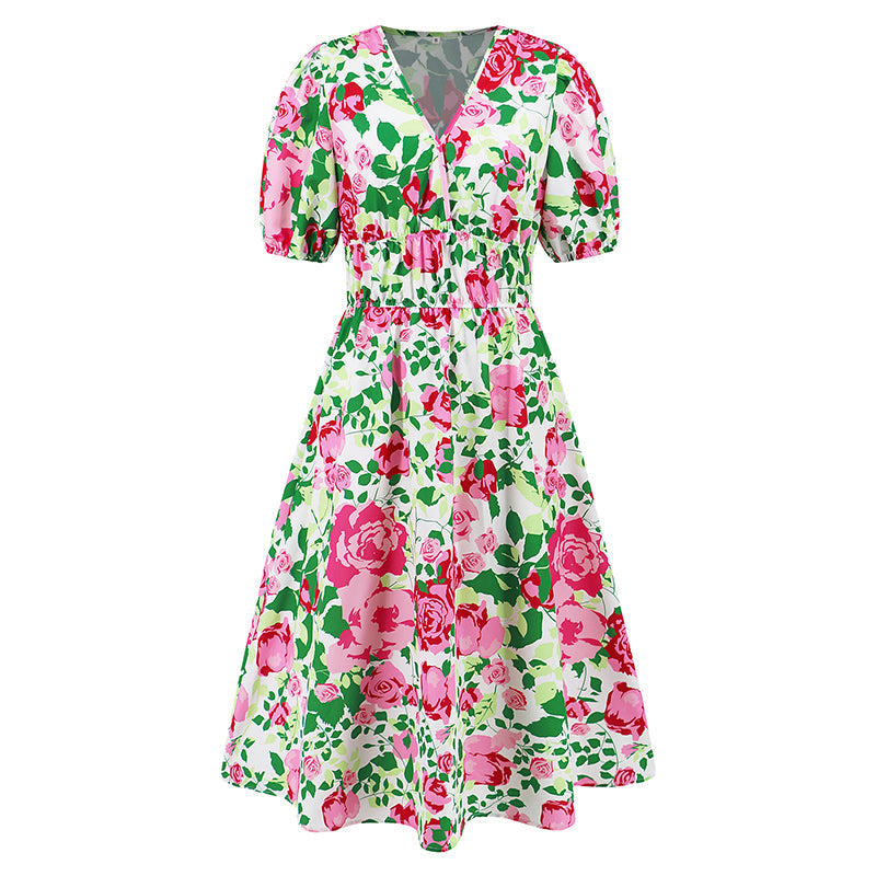 Vestido de ocio impreso con cuello en V damas
