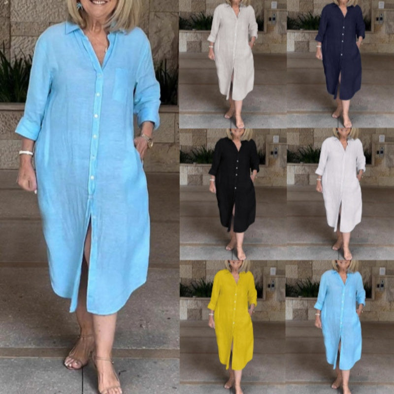 Vestido casual, ancho y largo de camisa para mujeres hechas de algodón y lino