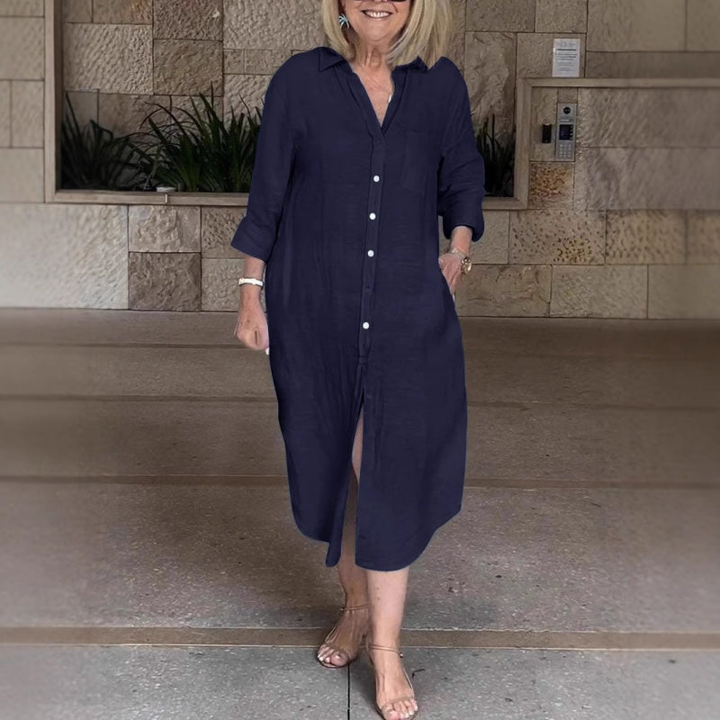 Vestido casual, ancho y largo de camisa para mujeres hechas de algodón y lino