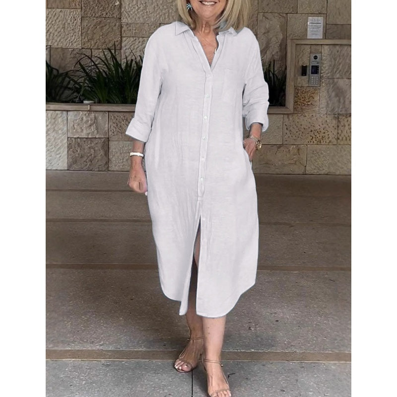 Vestido casual, ancho y largo de camisa para mujeres hechas de algodón y lino