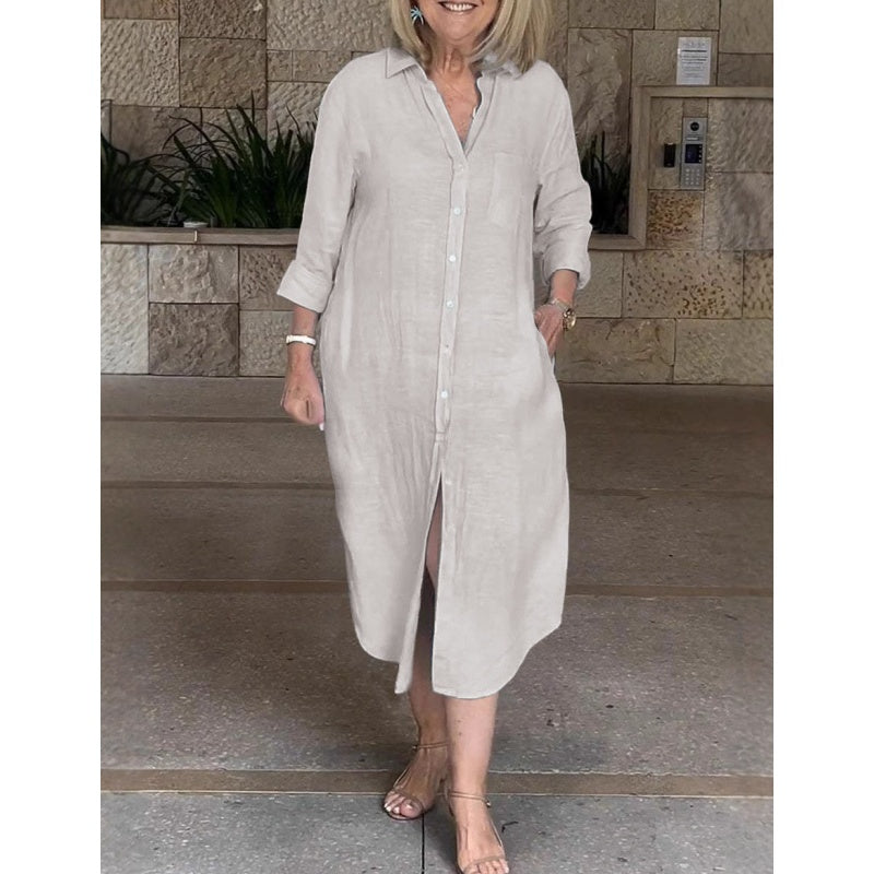 Vestido casual, ancho y largo de camisa para mujeres hechas de algodón y lino