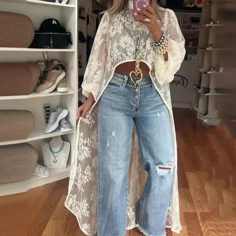 🔥Top largo transparente y elegante con estampado de encaje.