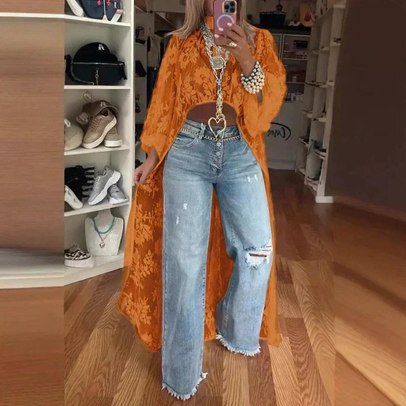 🔥Top largo transparente y elegante con estampado de encaje.