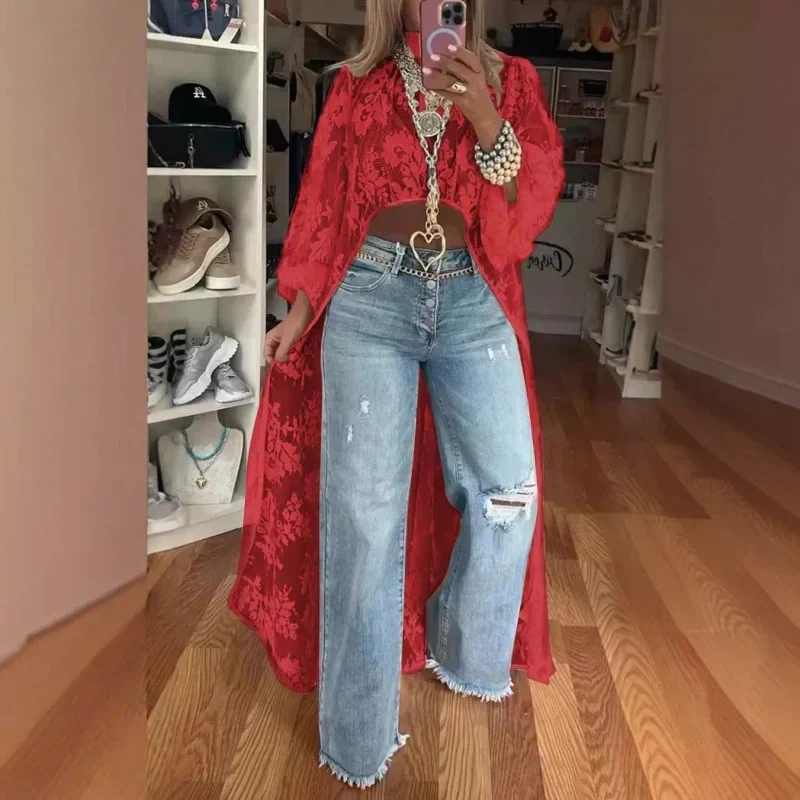 🔥Top largo transparente y elegante con estampado de encaje.