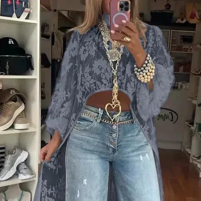 🔥Top largo transparente y elegante con estampado de encaje.