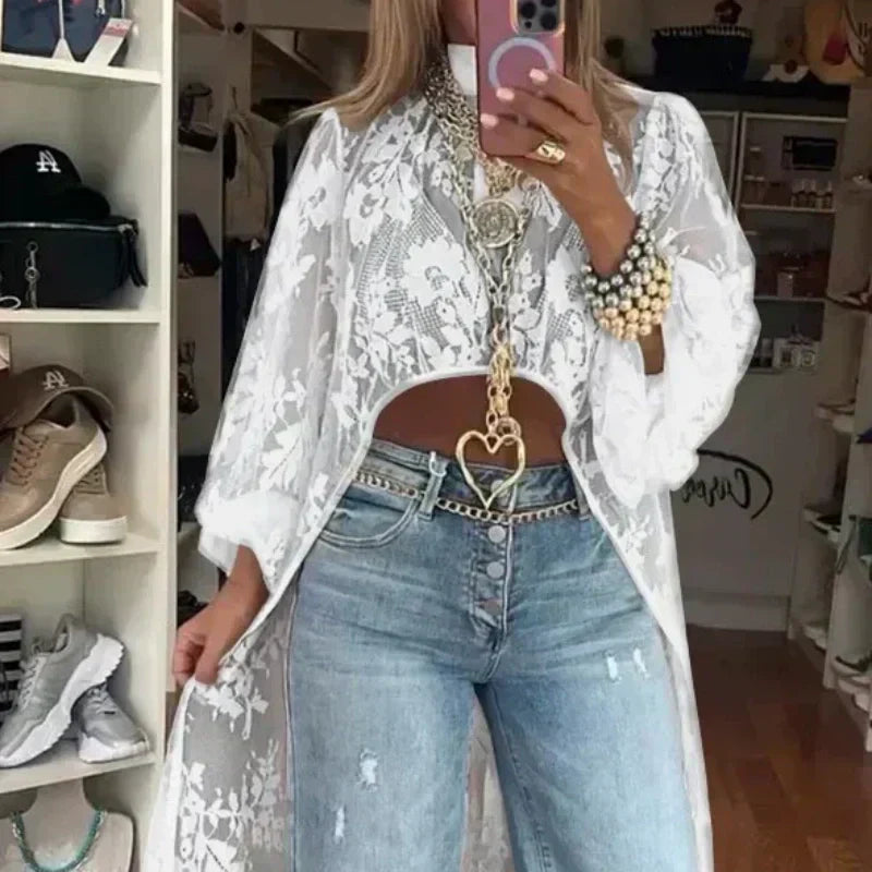 🔥Top largo transparente y elegante con estampado de encaje.