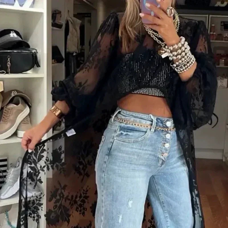 🔥Top largo transparente y elegante con estampado de encaje.