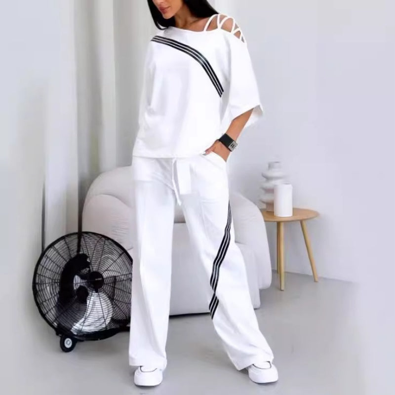 🎁 Venta caliente 49% de descuento 🔥Conjunto de dos piezas de top y pantalón de manga corta a rayas para mujer