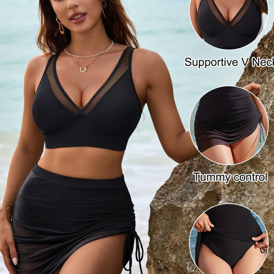 👙Conjuntos de bikini de cintura alta con falda de baño y top corto