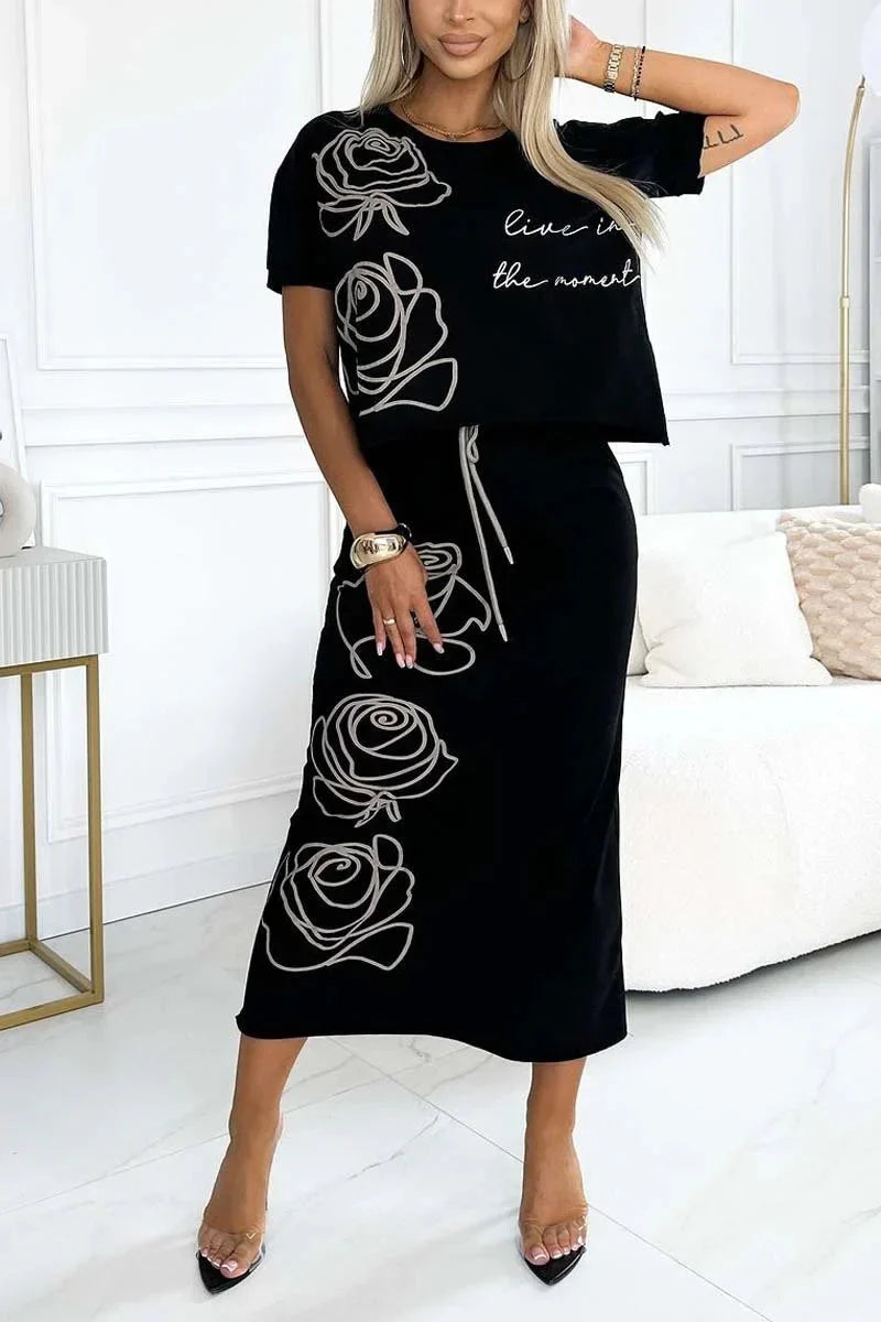Camiseta informal con patrón de flores y roca bustier para mujeres