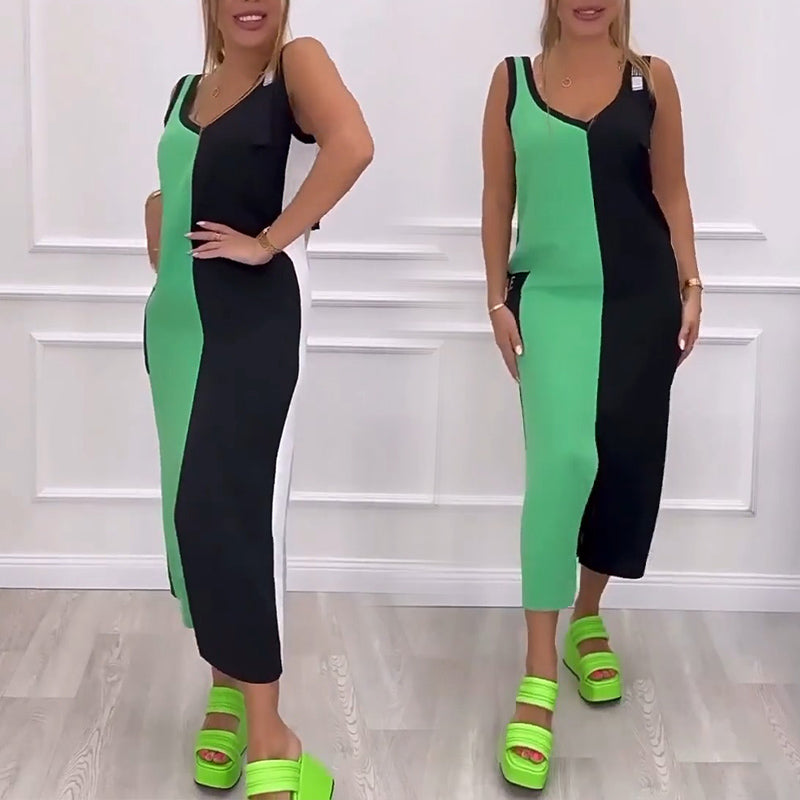 50 % Rabatt 🥰Ärmelloses Strickkleid mit V-Ausschnitt und Farbblock