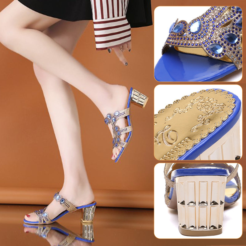 Women's Rhinestone Lightweight One-Line Chunky Heel Slippers