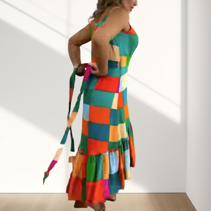 Vestido colorido de lana de lana de cintura con estampado geométrico de mujer