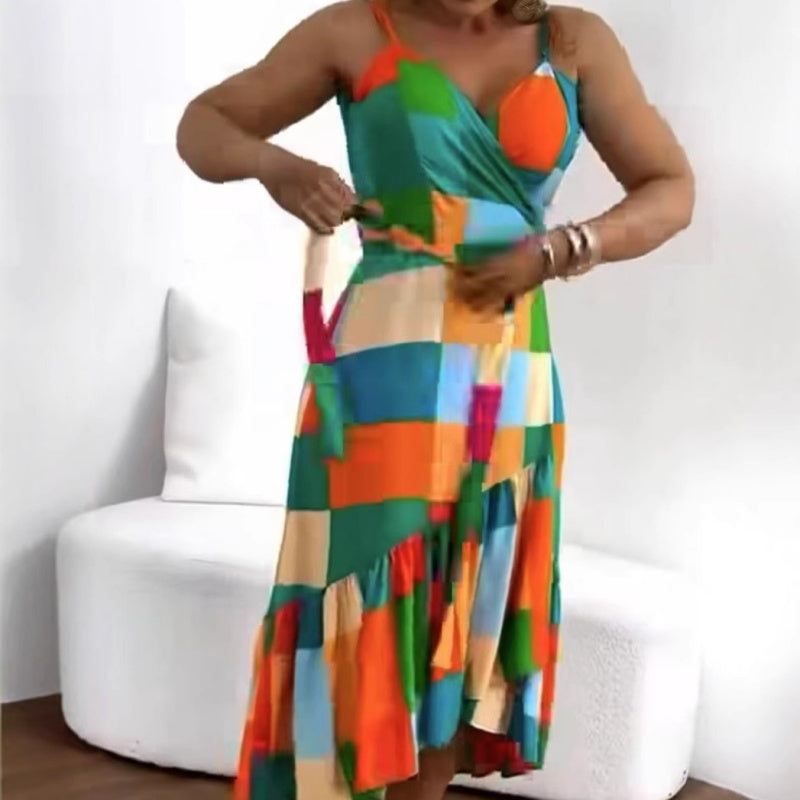 Vestido colorido de lana de lana de cintura con estampado geométrico de mujer