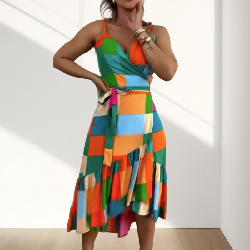 Vestido colorido de lana de lana de cintura con estampado geométrico de mujer