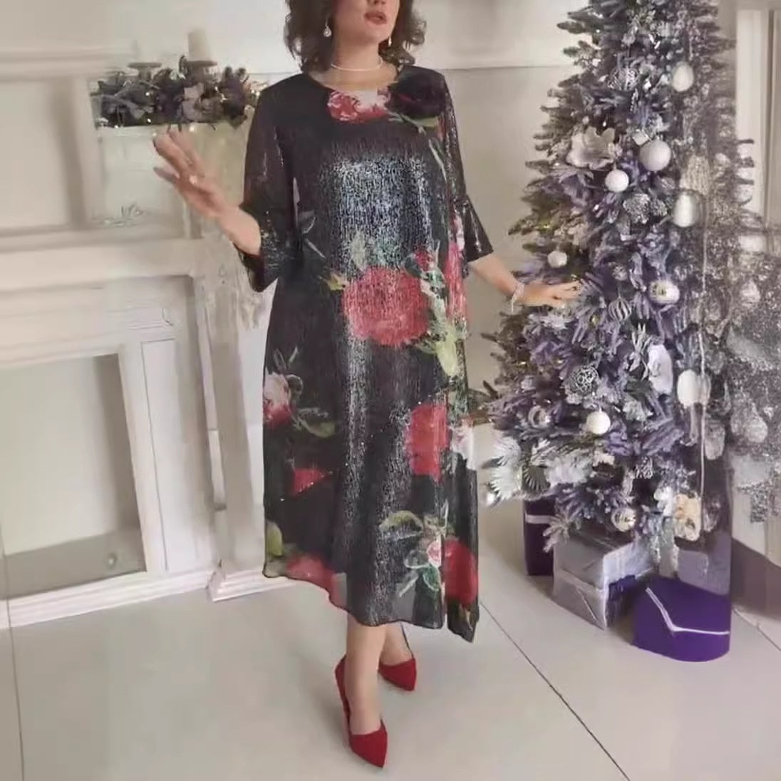 Damen-Runden-Ausschnitt-Druck-Kleid