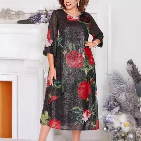 Damen-Runden-Ausschnitt-Druck-Kleid