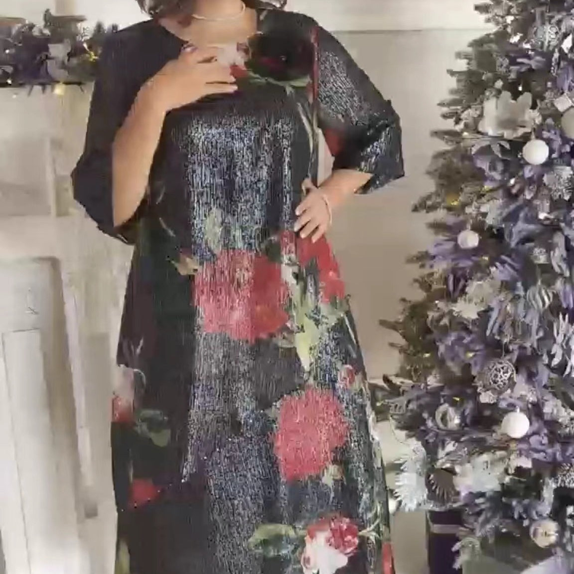 Damen-Runden-Ausschnitt-Druck-Kleid