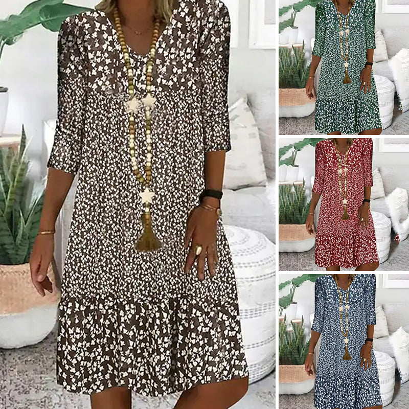 Vestidos de cuello en V de manga media con estampados de moda para mujer🌸