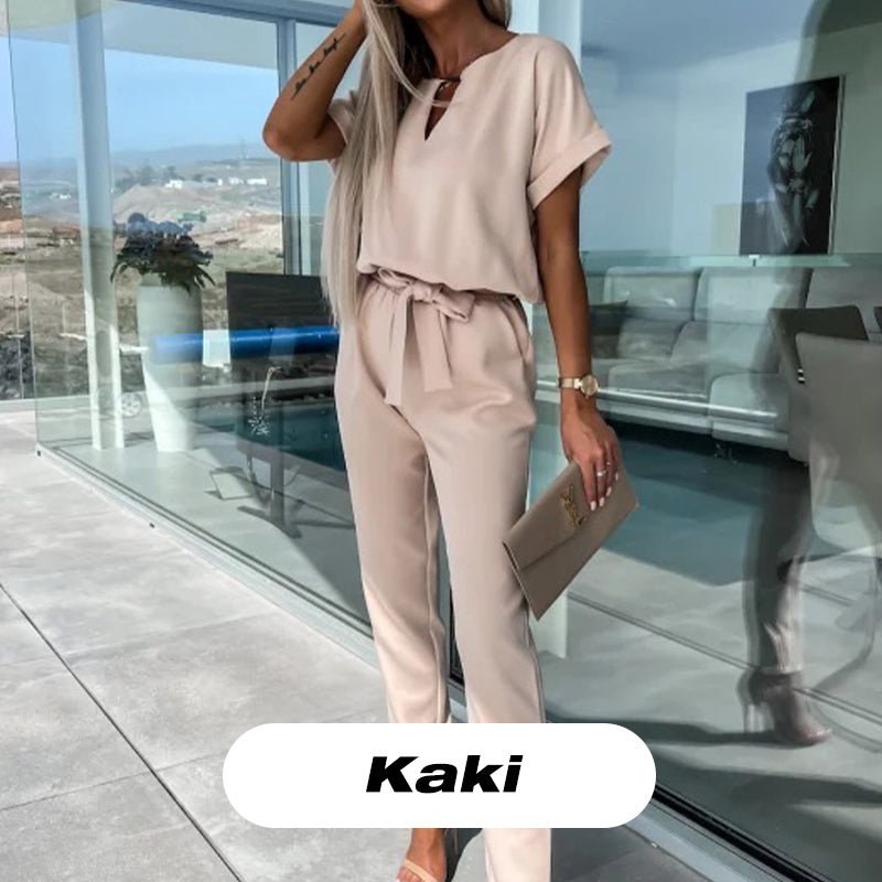 💕Venta limitada 50% de descuento en el moderno mono de manga corta con cuello en V y cintura anudada