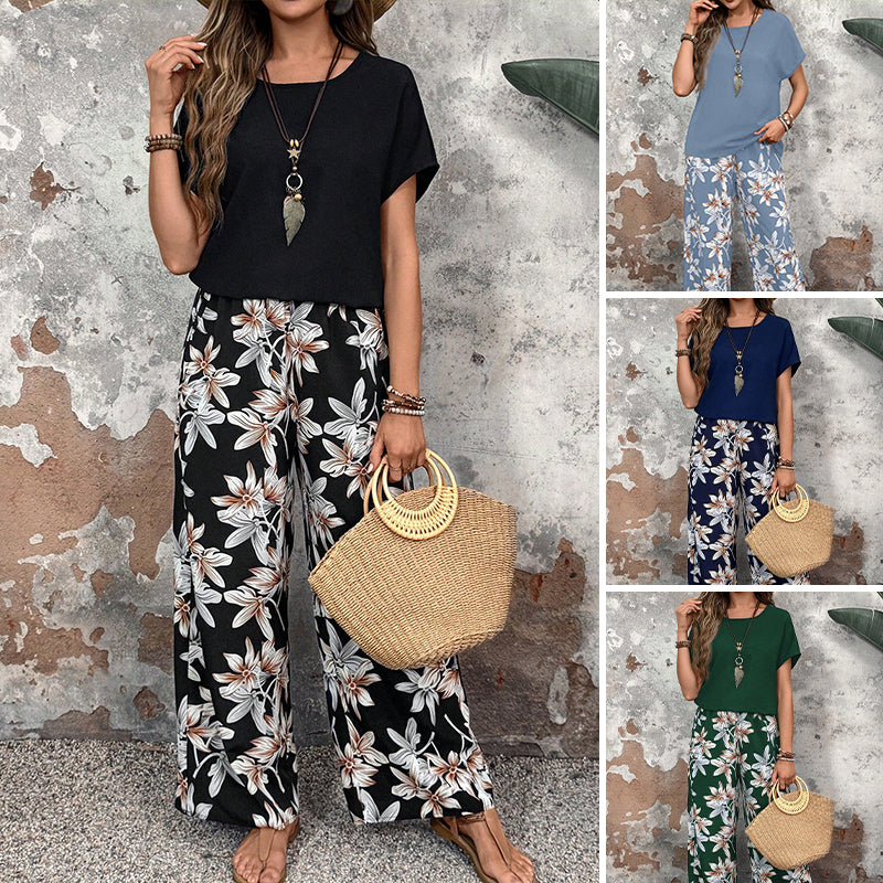 🌸 Conjunto casual de mujer con pantalón ancho y top de manga corta con estampado floral